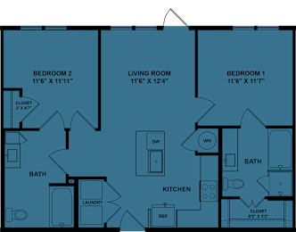 Floor Plan  A blueprint of a house layout with three bedrooms, a living room, a kitchen, a bath, and a laundry area.