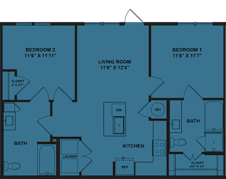 Floor Plan  A blueprint of a house layout with three bedrooms, a living room, a kitchen, a bath, and a laundry area.