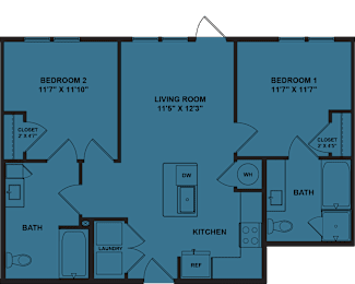 Floor Plan  A blueprint of a house layout with two bedrooms, a living room, a kitchen, a bath, and a laundry area.