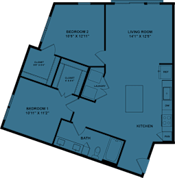 Floor Plan  A floor plan of a house with two bedrooms, a living room, a kitchen, a bathroom, and a laundry area.