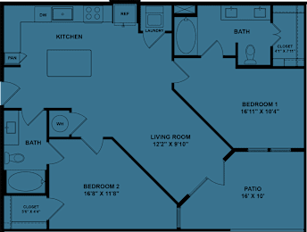 Floor Plan  A blueprint of a house layout with labeled rooms and dimensions.