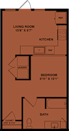Floor Plan  A floor plan of a small apartment with a living room, kitchen, bedroom, bathroom, and laundry space.