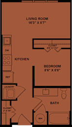 Floor Plan  A floor plan of a small apartment with a living room, kitchen, bedroom, bathroom, and laundry area.