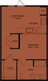 Floor Plan  A floor plan of a small apartment with a living room, kitchen, bedroom, bathroom, and laundry space.