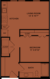 Floor Plan  A floor plan of a small apartment with a living room, kitchen, laundry, bedroom, and bathroom.