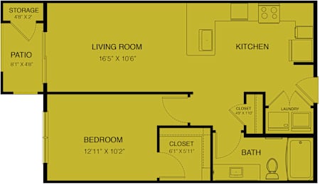 Floor Plan  A floor plan of a house with a living room, kitchen, bedroom, bathroom, and laundry room.