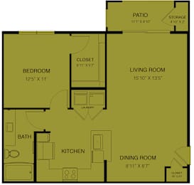 Floor Plan  A floor plan of a house with a bedroom, living room, kitchen, dining room, bath, and laundry area.
