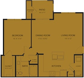 Floor Plan  A floor plan of a house with a bedroom, dining room, living room, kitchen, bath, closet, and storage.