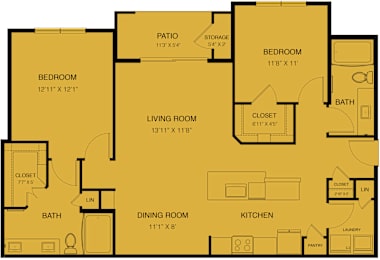Floor Plan  A yellow floor plan of a house with a living room, two bedrooms, a dining room, a kitchen, a pantry, two bathrooms, and a laundry area.
