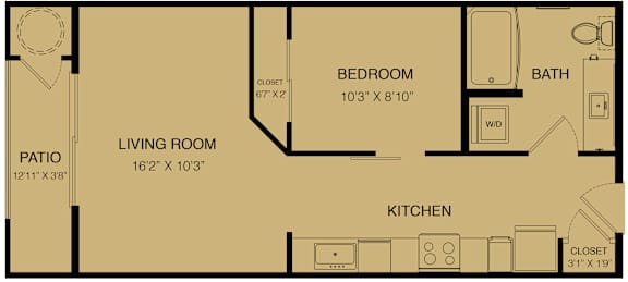 Floor Plan  A floor plan of a small apartment with a living room, kitchen, bedroom, bathroom, and patio.