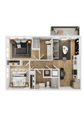 Floor Plan  A top-down view of a small, neatly organized apartment.