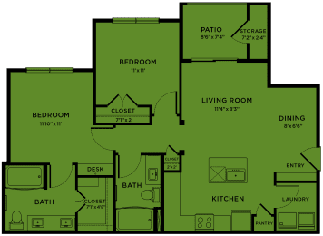 Floor Plan  B1 80% MFI affordable 2 bedroom apartment floorplan at Bridge at Paloma