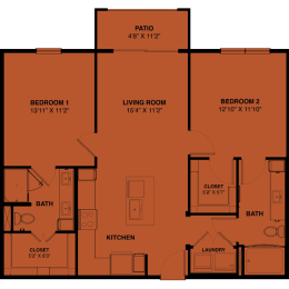 B1a 2 bedroom apartment floorplan at the Park at Speyside