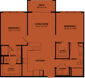 B1b 2 bedroom apartment floorplan at the Park at Speyside