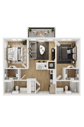 Floor Plan  A top-down view of a small apartment layout with a kitchen, living room, and bathroom.