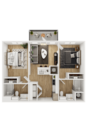 Floor Plan  A 3D floor plan of a small apartment with a kitchen, living room, and bathroom.