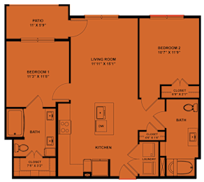 Floor Plan  A floor plan of a house with a patio, two bedrooms, a living room, a kitchen, a bath, and a laundry area.