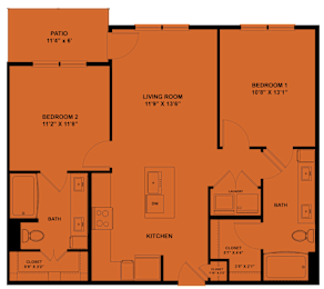 Floor Plan  A floor plan of a house with a living room, two bedrooms, a kitchen, a bath, and a closet.