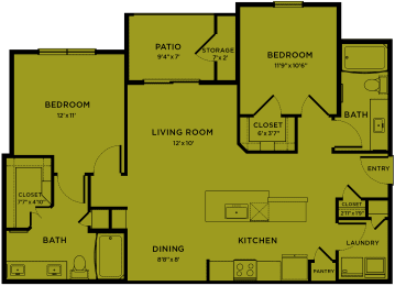 Floor Plan  B2 80% MFI affordable 2 bedroom apartment floorplan at Bridge at Paloma
