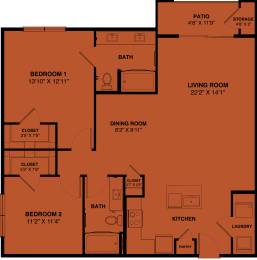 B2b 2 bedroom apartment floorplan at the Park at Speyside