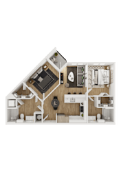 Floor Plan  A top-down view of a house layout with a kitchen, living room, and bedrooms.