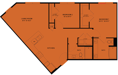 Floor Plan  A floor plan of a house with a living room, kitchen, and two bedrooms.