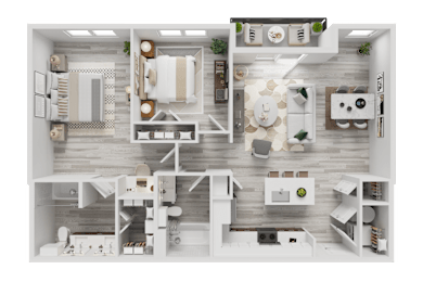 Floor Plan  A top-down view of a well-organized, modern kitchen and living room.