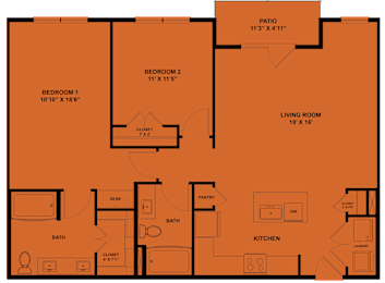 Floor Plan  A floor plan of a house with a living room, kitchen, two bedrooms, a bath, and a patio.