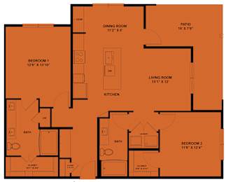 Floor Plan  A floor plan of a house with two bedrooms, a living room, a dining room, a kitchen, a bath, and a patio.
