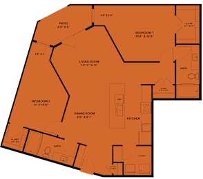 Floor Plan  A floor plan of a house with a living room, two bedrooms, a dining room, kitchen, bathroom, and closet.