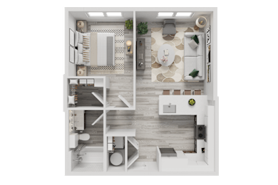Floor Plan  A top-down view of a modern, minimalist apartment with a kitchen, living room, and bedroom.