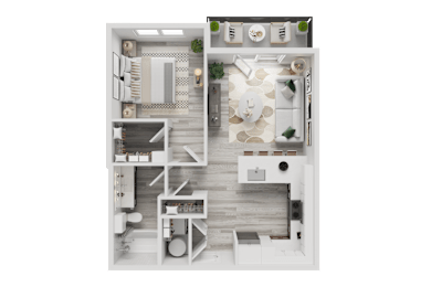 Floor Plan  A 3D floor plan of a small apartment with a kitchen, living room, and bathroom.