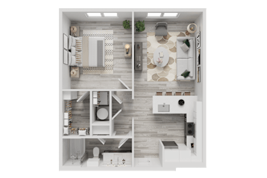 Floor Plan  A modern, minimalist interior design layout with a kitchen, living room, and bathroom.