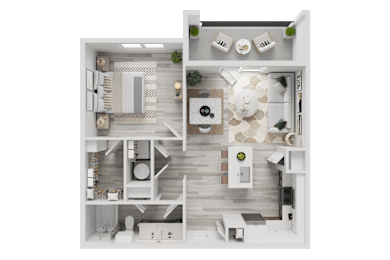 Floor Plan  A top-down view of a modern apartment layout with a kitchen, living room, and bathroom.