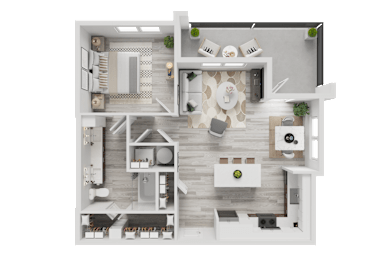 Floor Plan  A 3D floor plan of a house with a kitchen, living room, dining room, and two bedrooms.