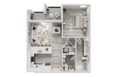 Floor Plan  A 3D floor plan of a house with a kitchen, living room, and bathroom.