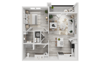 Floor Plan  A top-down view of a modern apartment layout with a kitchen, living room, and bathroom.