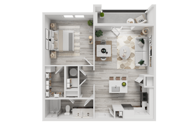 Floor Plan  A top-down view of a modern, minimalist apartment with a kitchen, living room, and bedroom.