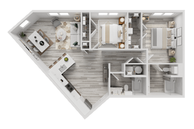 Floor Plan  A top-down view of a house layout with a kitchen, living room, and bathrooms.