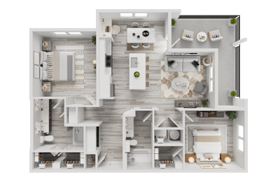 Floor Plan  A 3D rendered image of a modern apartment layout.