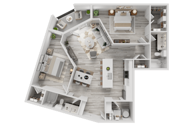 Floor Plan  A 3D rendered image of a modern house layout.