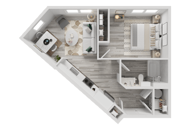 Floor Plan  A top-down view of a modern apartment layout with a kitchen, living room, and bedrooms.