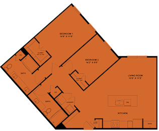 Floor Plan  A floor plan of a house with two bedrooms, a living room, a kitchen, and two bathrooms.