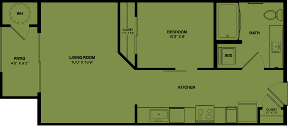 E1 studio / efficiency apartment floorplan at the Park at Speyside