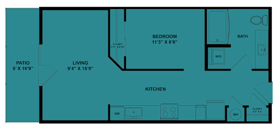 Floor Plan  A blueprint of a house layout with a bedroom, living room, kitchen, bathroom, and patio.