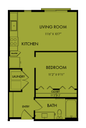 One bedroom apartment floor plan layout at Bridge at Windsor Park Apartments, Austin