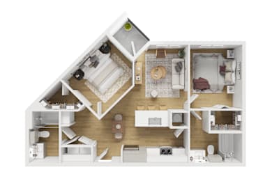 3D two bedroom apartment floor plan with balcony at Matador Apartments, Austin, Texas