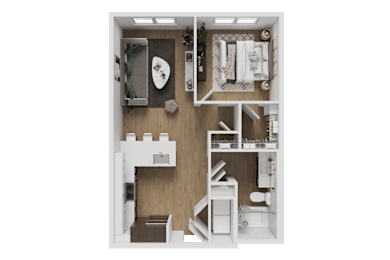 A small, neatly organized apartment with a bedroom, living room, and kitchen.