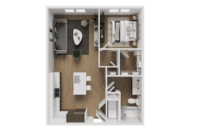 A small, neatly organized room with a bed, desk, and a green chair.