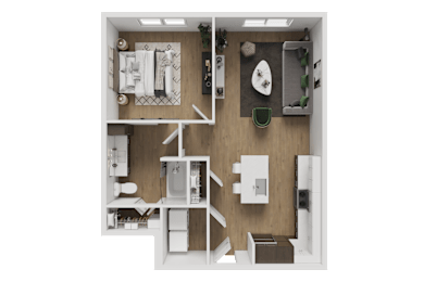 A top-down view of a small apartment with a kitchen, living room, and bathroom.